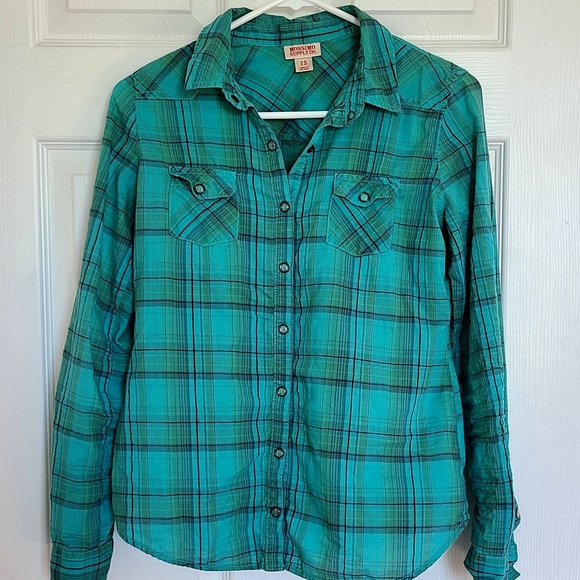 Mossimo Supply Co. Aqua/Green Plaid Cotten Button-Up Shirt Size Small Womens - Picture 1 of 7